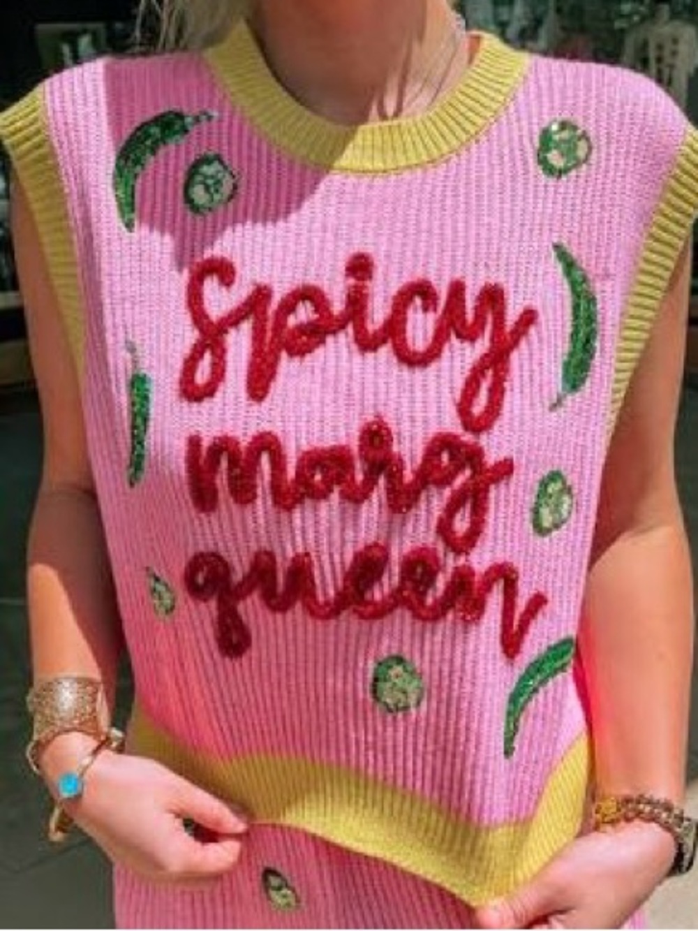 QUEEN OF SPARKLES Pink & Yellow 'Spicy Marg Queen' Cropped Tank
